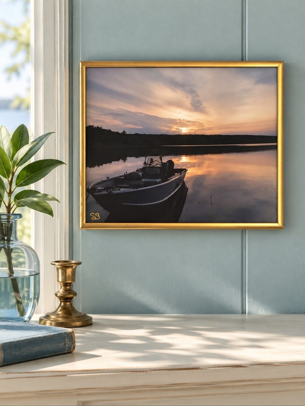 Signed New Brunswick Lake Sunset Boat Original Photograph Framed 8x10